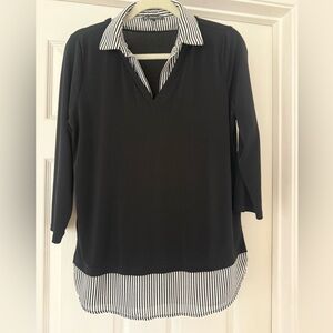 Adrianna Papell Black and White 3/4 Sleeve Twofer Blouse with Striped Accents